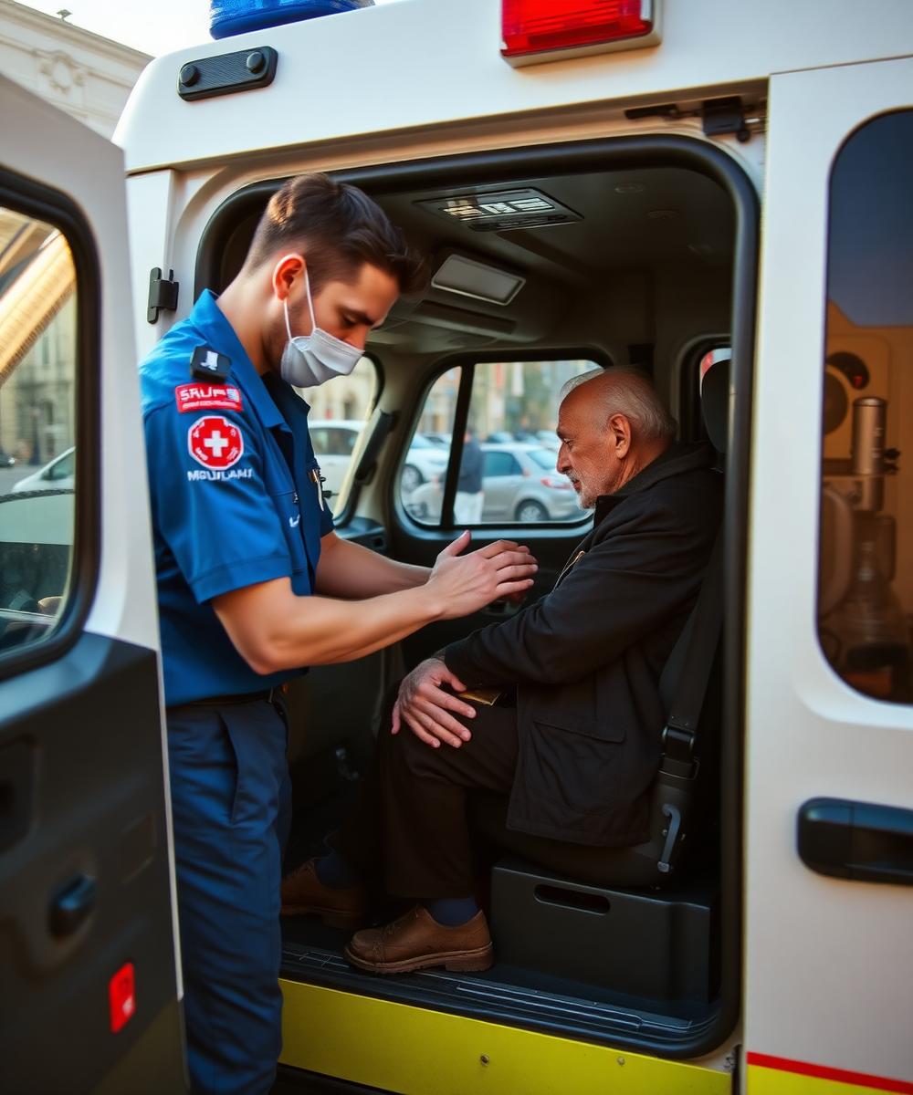 Medicinski tehničar Saniteksa pomaze pacijentu ulaskom u vozilo
